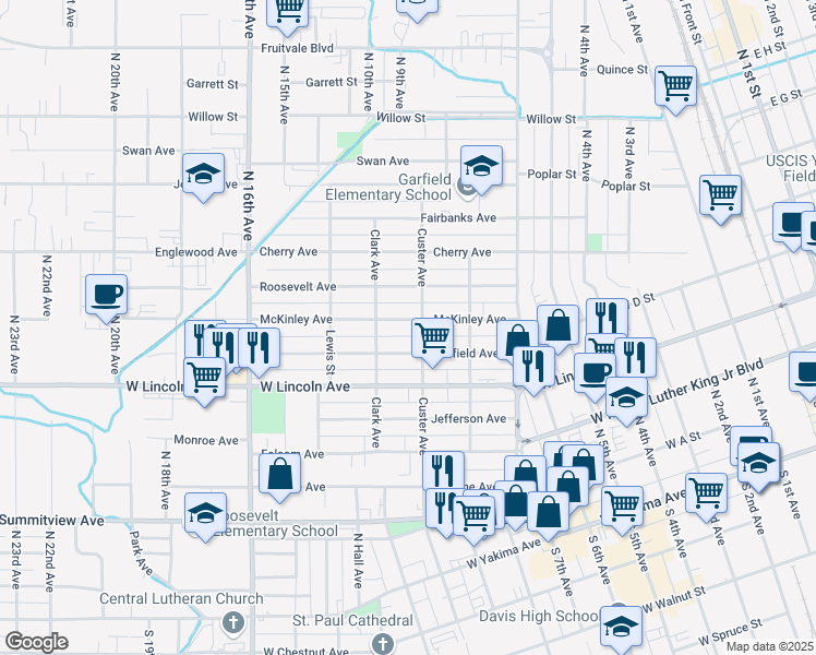 map of restaurants, bars, coffee shops, grocery stores, and more near 1306 McKinley Avenue in Yakima