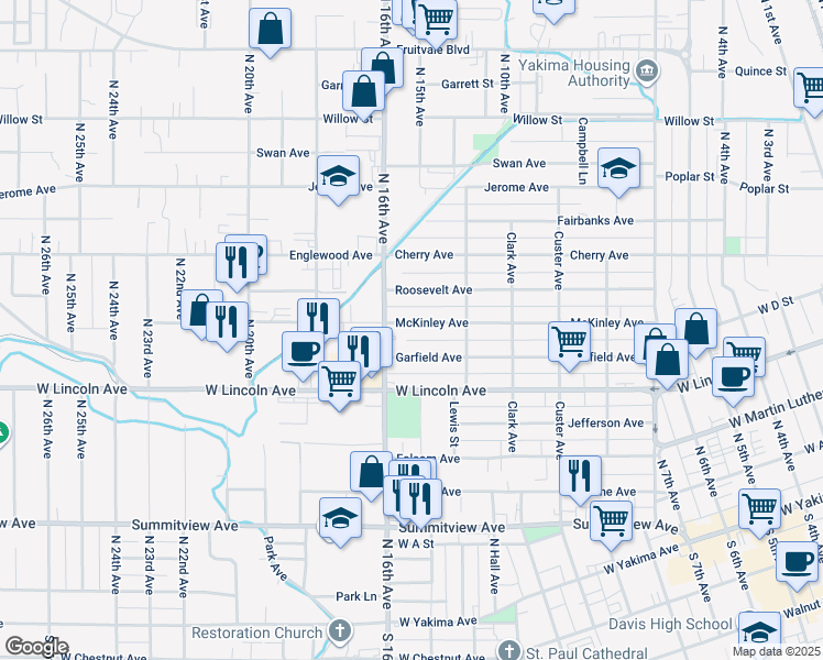 map of restaurants, bars, coffee shops, grocery stores, and more near 1528 McKinley Avenue in Yakima