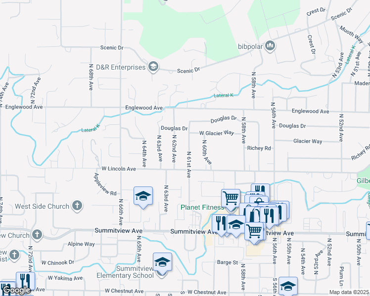 map of restaurants, bars, coffee shops, grocery stores, and more near 412 North 61st Avenue in Yakima