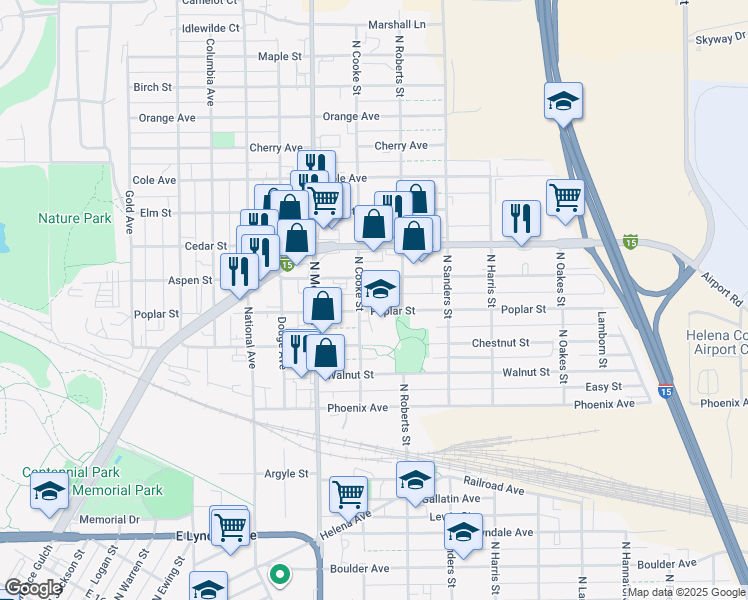 map of restaurants, bars, coffee shops, grocery stores, and more near 1300 Poplar Street in Helena