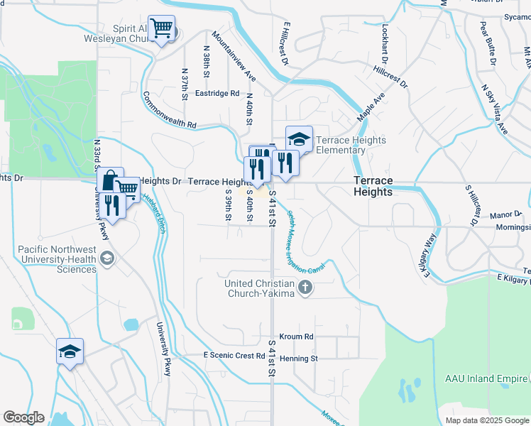 map of restaurants, bars, coffee shops, grocery stores, and more near 128 South 41st Street in Yakima