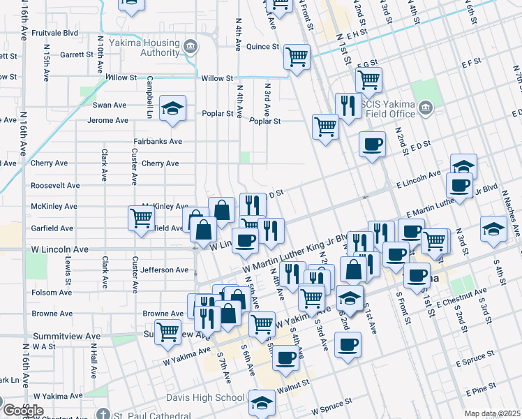 map of restaurants, bars, coffee shops, grocery stores, and more near 311 North 4th Avenue in Yakima