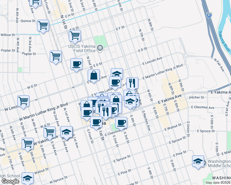 map of restaurants, bars, coffee shops, grocery stores, and more near 115 North 3rd Street in Yakima