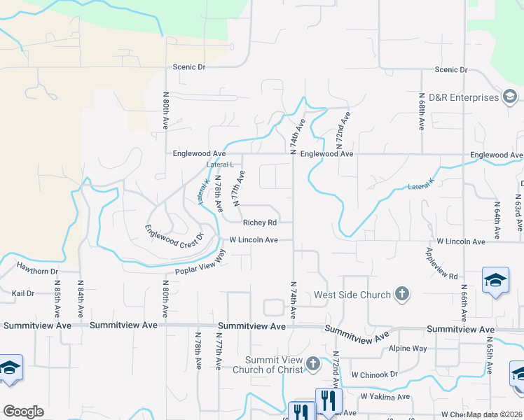 map of restaurants, bars, coffee shops, grocery stores, and more near 7502 Glacier Way in Yakima