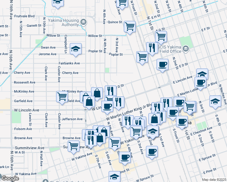 map of restaurants, bars, coffee shops, grocery stores, and more near 329 North 4th Avenue in Yakima