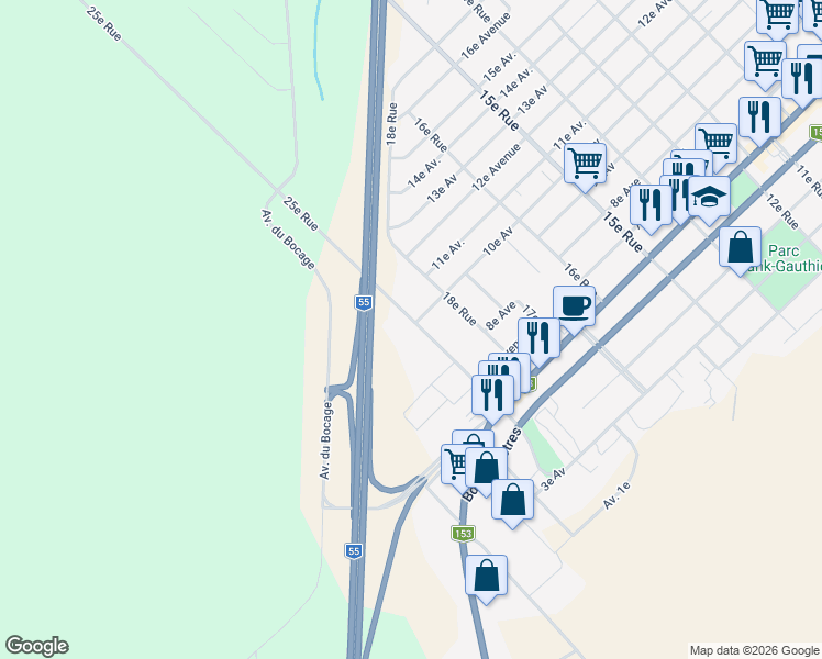 map of restaurants, bars, coffee shops, grocery stores, and more near 999 25e Rue in Shawinigan