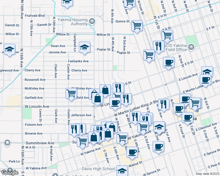 map of restaurants, bars, coffee shops, grocery stores, and more near 315 North 5th Avenue in Yakima