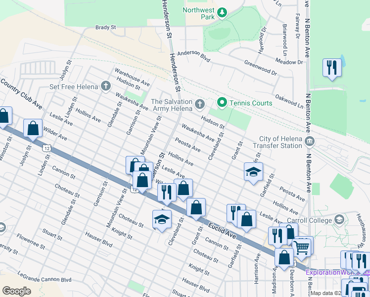 map of restaurants, bars, coffee shops, grocery stores, and more near Allison Street in Helena