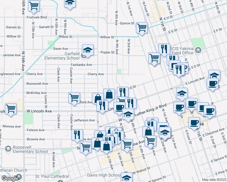 map of restaurants, bars, coffee shops, grocery stores, and more near 315 North 5th Avenue in Yakima