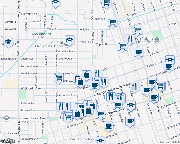 map of restaurants, bars, coffee shops, grocery stores, and more near 315 North 5th Avenue in Yakima