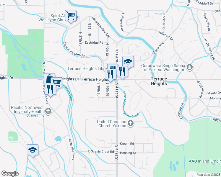 map of restaurants, bars, coffee shops, grocery stores, and more near 128 South 41st Street in Yakima