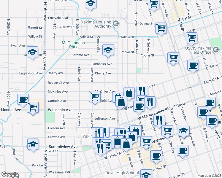 map of restaurants, bars, coffee shops, grocery stores, and more near 1106 McKinley Ave in Yakima