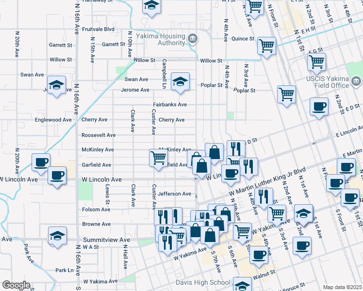 map of restaurants, bars, coffee shops, grocery stores, and more near 1106 McKinley Ave in Yakima