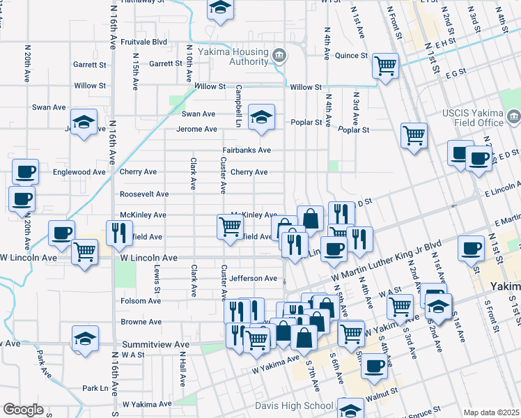 map of restaurants, bars, coffee shops, grocery stores, and more near 1202 McKinley Avenue in Yakima