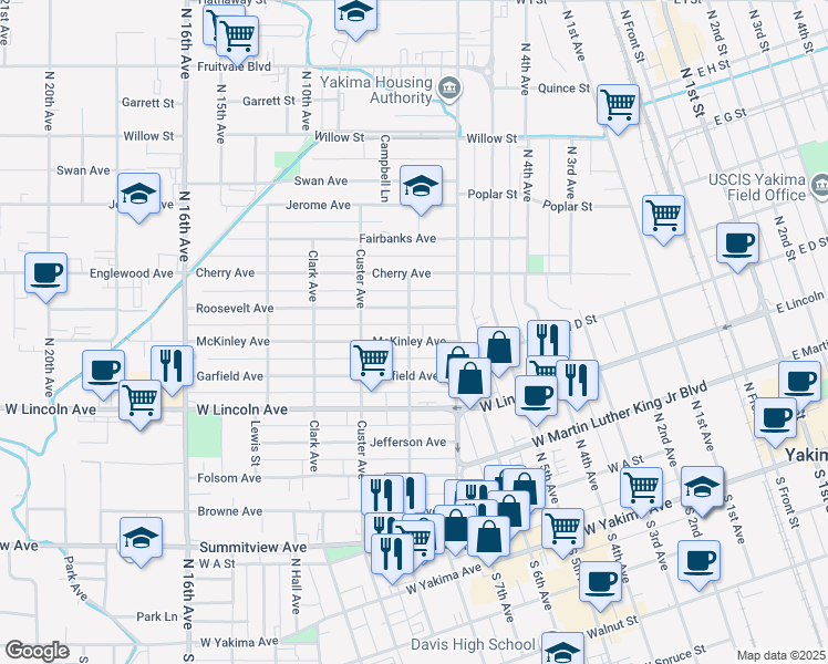 map of restaurants, bars, coffee shops, grocery stores, and more near 1202 McKinley Avenue in Yakima