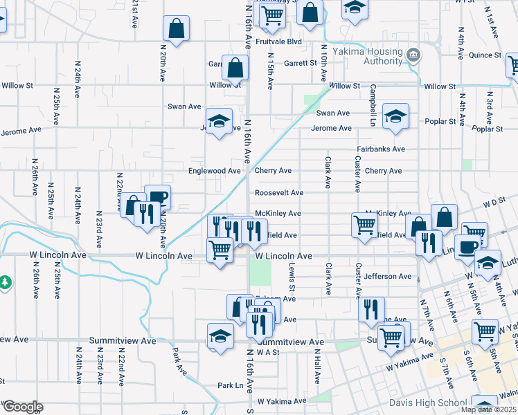 map of restaurants, bars, coffee shops, grocery stores, and more near 1528 McKinley Avenue in Yakima