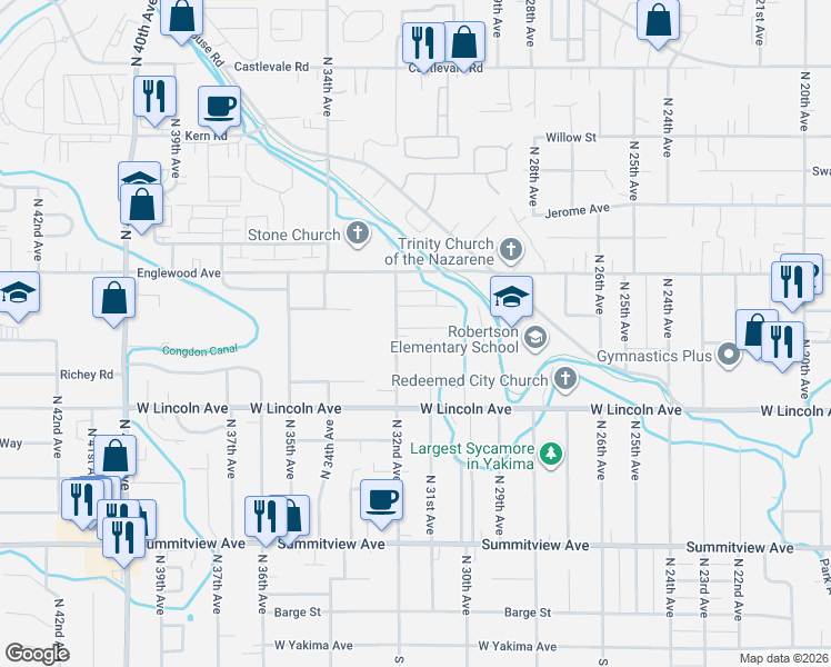 map of restaurants, bars, coffee shops, grocery stores, and more near 418 North 31st Avenue in Yakima