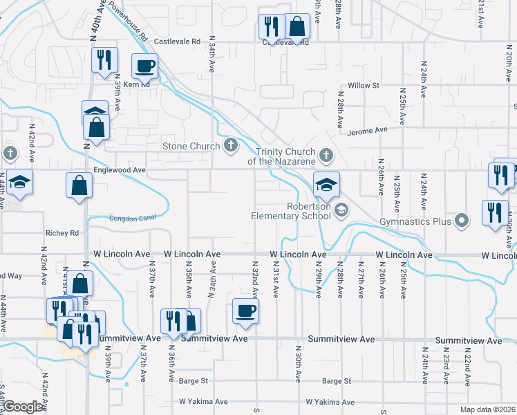 map of restaurants, bars, coffee shops, grocery stores, and more near 612 North 32nd Avenue in Yakima