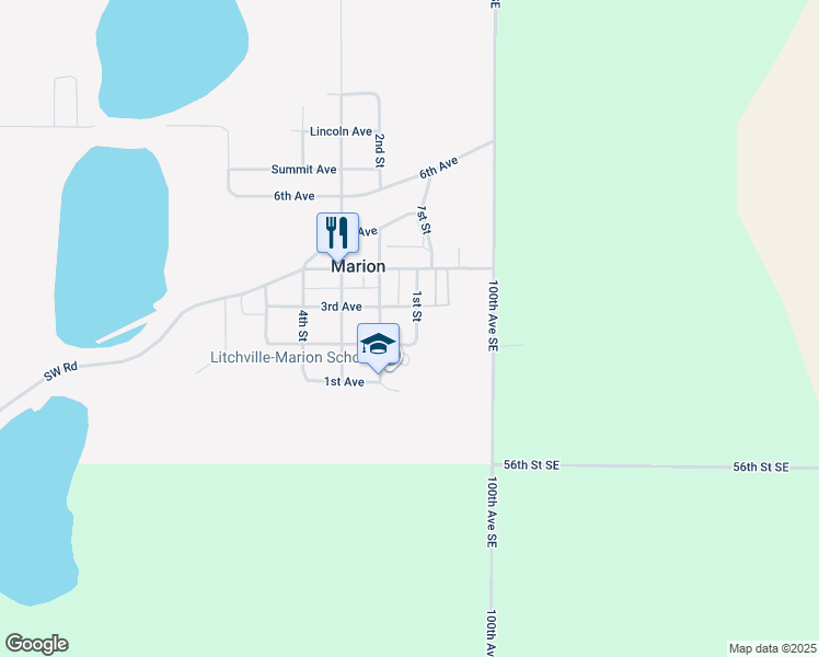 map of restaurants, bars, coffee shops, grocery stores, and more near 205 1st Street in Marion
