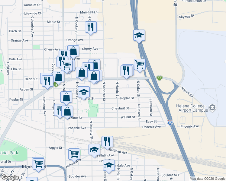 map of restaurants, bars, coffee shops, grocery stores, and more near 1518 Poplar Street in Helena