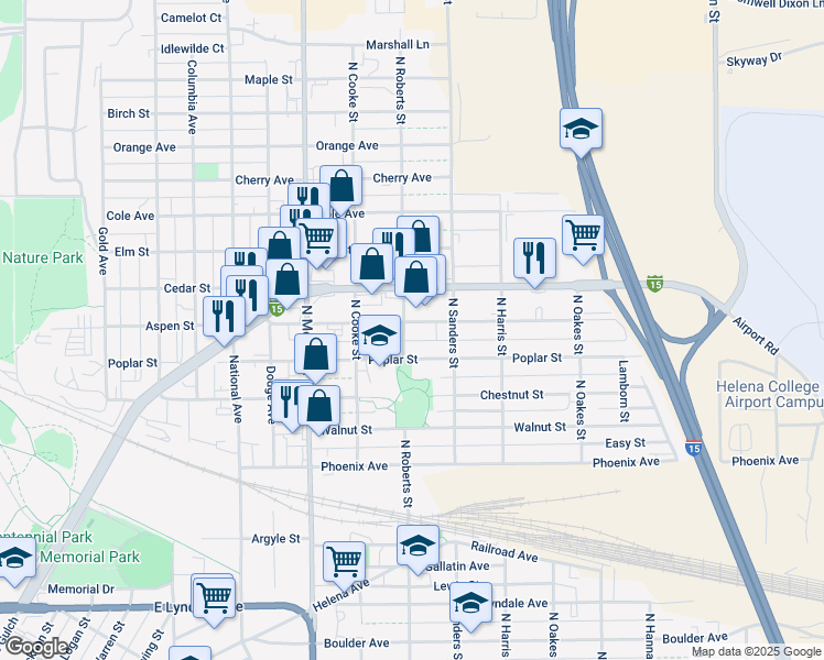 map of restaurants, bars, coffee shops, grocery stores, and more near 1411 Aspen Street in Helena