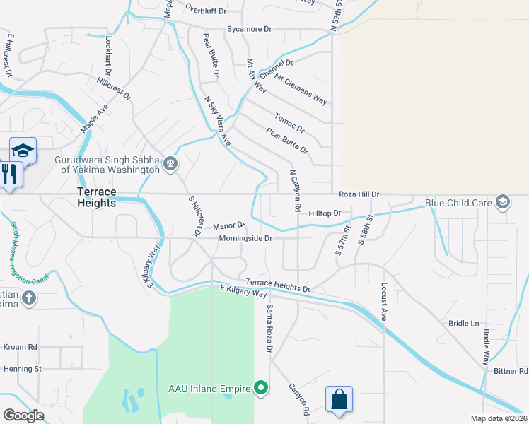 map of restaurants, bars, coffee shops, grocery stores, and more near 112 Sky Vista Place in Yakima
