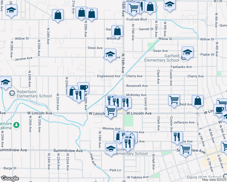 map of restaurants, bars, coffee shops, grocery stores, and more near 1620 McKinley Avenue in Yakima