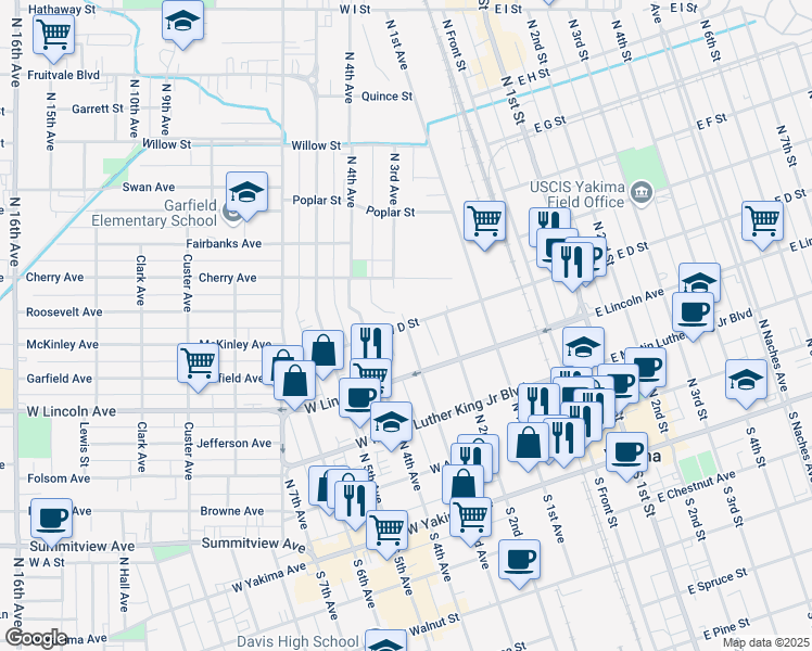 map of restaurants, bars, coffee shops, grocery stores, and more near 399 North 3rd Avenue in Yakima