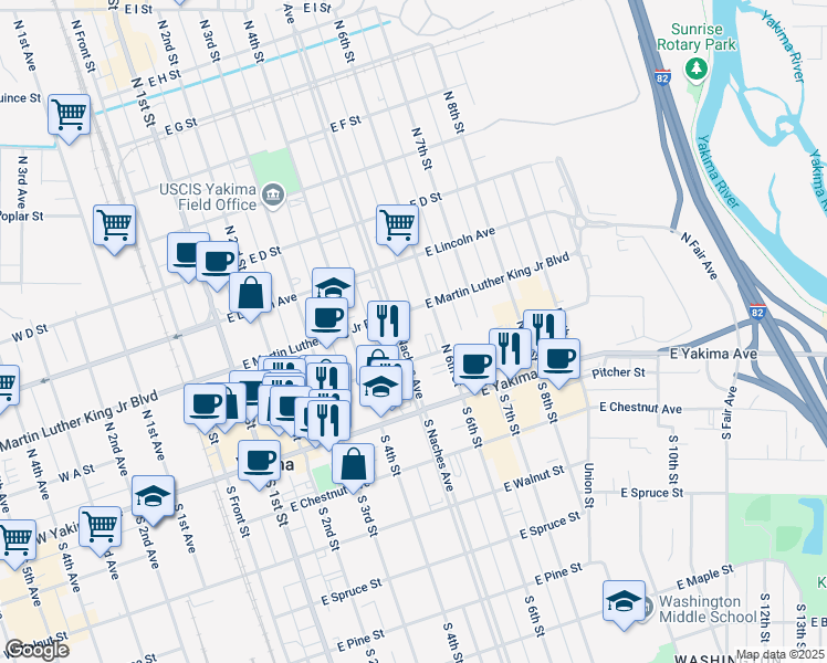 map of restaurants, bars, coffee shops, grocery stores, and more near 201 North Naches Avenue in Yakima