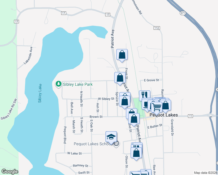 map of restaurants, bars, coffee shops, grocery stores, and more near 31208 Pine Street in Pequot Lakes