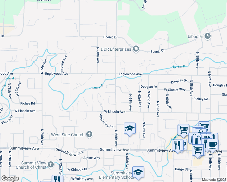 map of restaurants, bars, coffee shops, grocery stores, and more near 6603 Douglas Court in Yakima