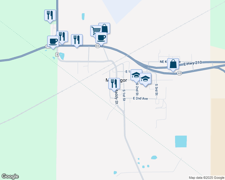 map of restaurants, bars, coffee shops, grocery stores, and more near in McGregor