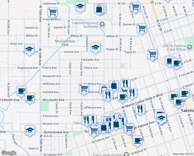 map of restaurants, bars, coffee shops, grocery stores, and more near 1105 Roosevelt Avenue in Yakima