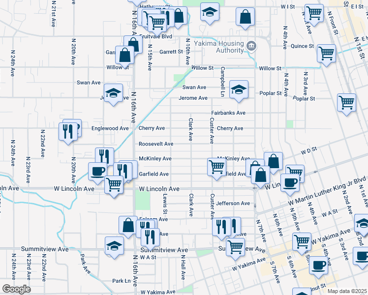 map of restaurants, bars, coffee shops, grocery stores, and more near 1411 Roosevelt Avenue in Yakima