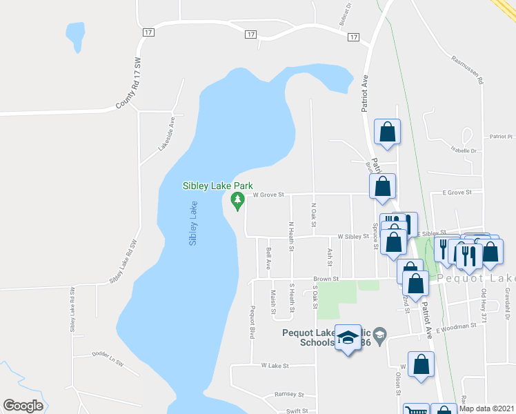 map of restaurants, bars, coffee shops, grocery stores, and more near 31210 Pequot Boulevard in Pequot Lakes