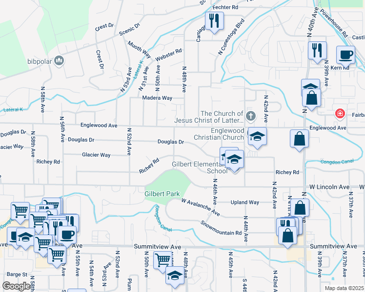 map of restaurants, bars, coffee shops, grocery stores, and more near 4809 Douglas Drive in Yakima
