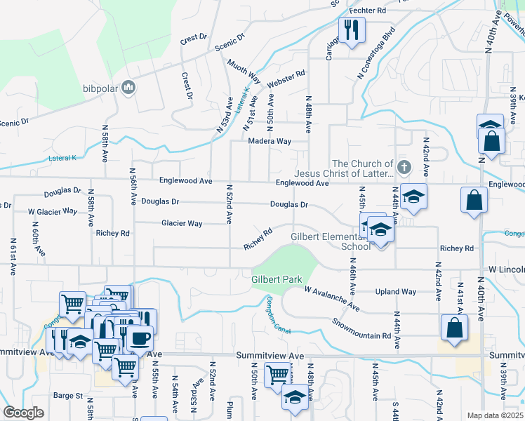map of restaurants, bars, coffee shops, grocery stores, and more near 5101 Douglas Drive in Yakima