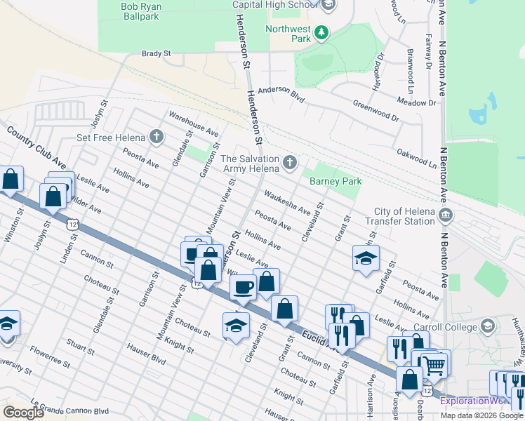 map of restaurants, bars, coffee shops, grocery stores, and more near 1700 Henderson St in Helena