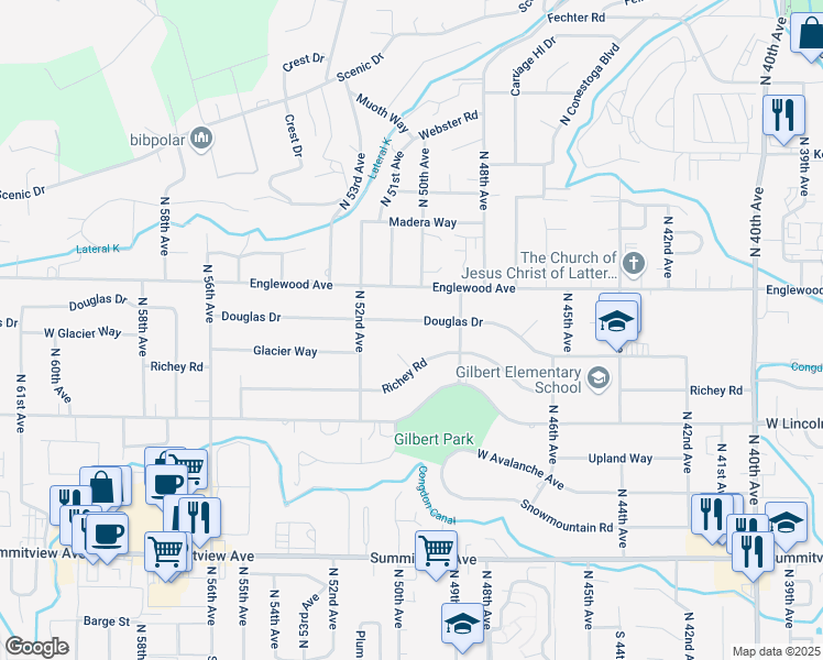 map of restaurants, bars, coffee shops, grocery stores, and more near 5101 Douglas Drive in Yakima