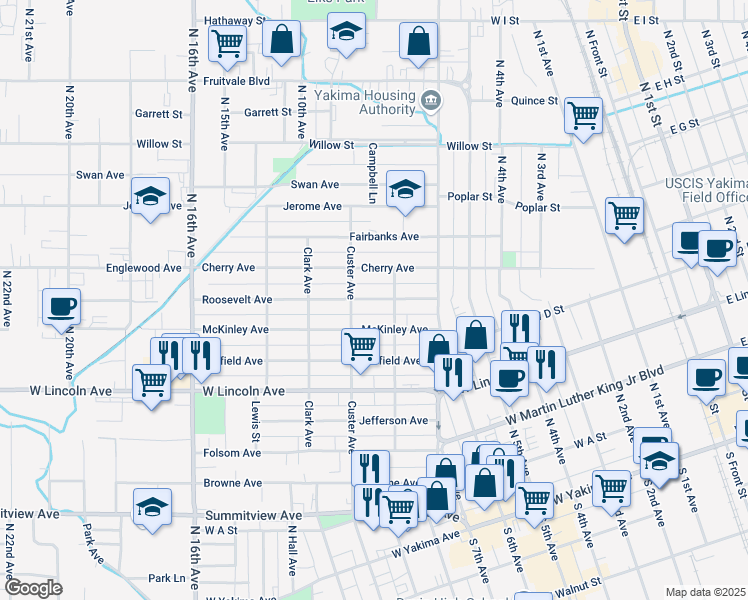 map of restaurants, bars, coffee shops, grocery stores, and more near 1201 Roosevelt Avenue in Yakima