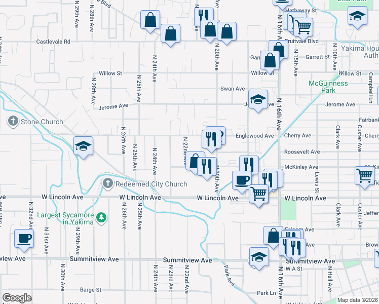 map of restaurants, bars, coffee shops, grocery stores, and more near 516 North 22nd Avenue in Yakima