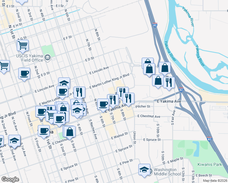 map of restaurants, bars, coffee shops, grocery stores, and more near 140-198 North 8th Street in Yakima