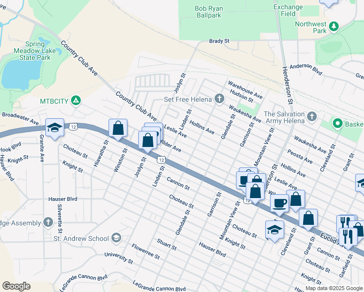 map of restaurants, bars, coffee shops, grocery stores, and more near 1819 Leslie Avenue in Helena