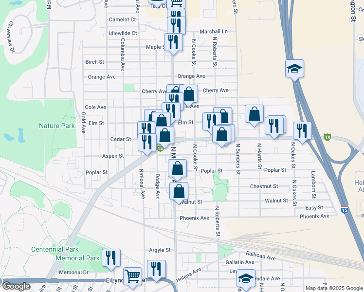 map of restaurants, bars, coffee shops, grocery stores, and more near 1201-1225 Cedar St in Helena