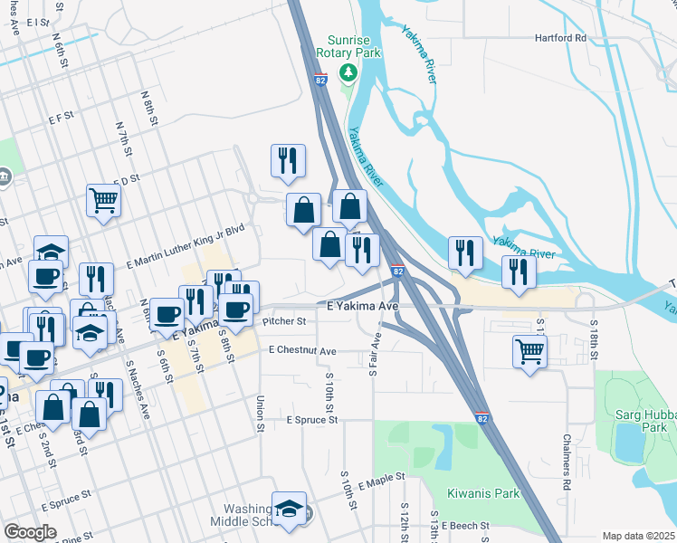 map of restaurants, bars, coffee shops, grocery stores, and more near 110 N Fair Ave in Yakima