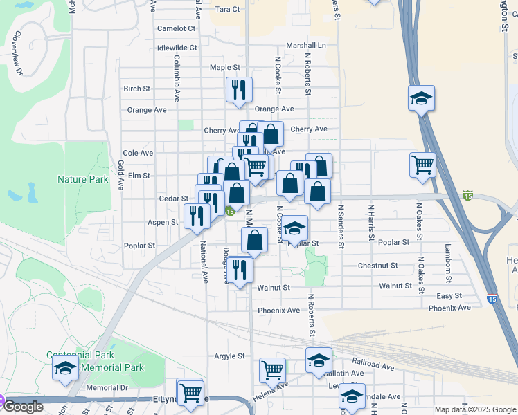 map of restaurants, bars, coffee shops, grocery stores, and more near 1201 Cedar Street in Helena