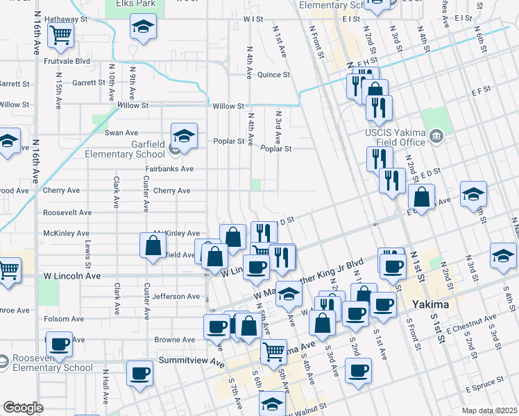 map of restaurants, bars, coffee shops, grocery stores, and more near 314 Cherry Avenue in Yakima
