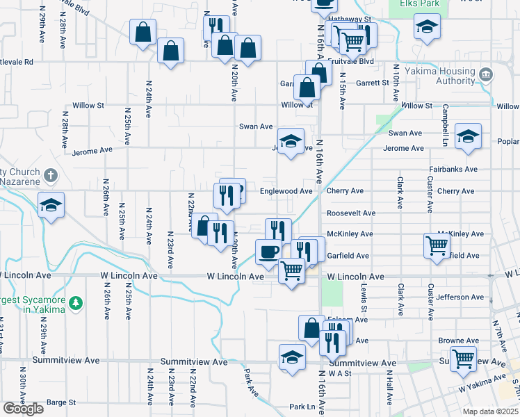 map of restaurants, bars, coffee shops, grocery stores, and more near 1809 Roosevelt Avenue in Yakima