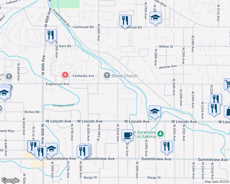 map of restaurants, bars, coffee shops, grocery stores, and more near 622 North 32nd Avenue in Yakima