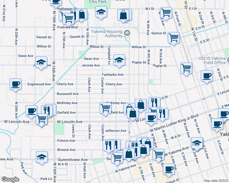 map of restaurants, bars, coffee shops, grocery stores, and more near 1201 Roosevelt Avenue in Yakima